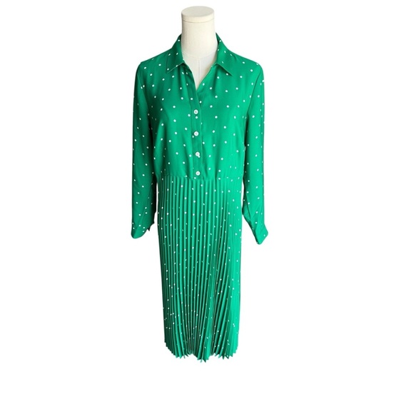 J.Jill - NWT Wearever Collection Green Polka Dot Pleated Shirt Dress Sz MP - Picture 2 of 8